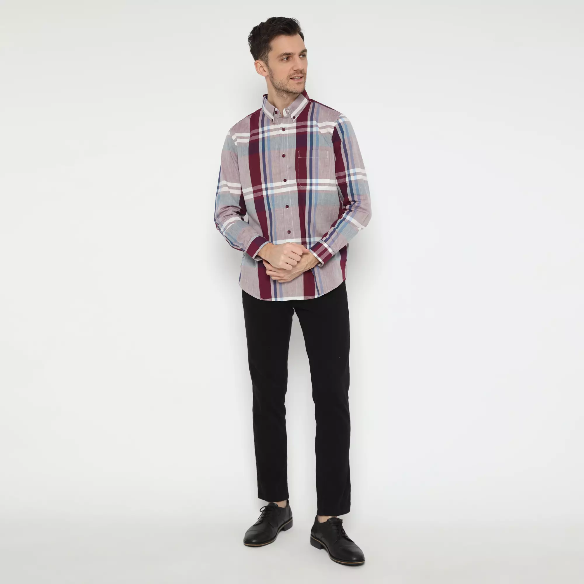 Platini Baju Kemeja Pria Lengan Panjang Kotak-Kotak Katun Maroon 76481