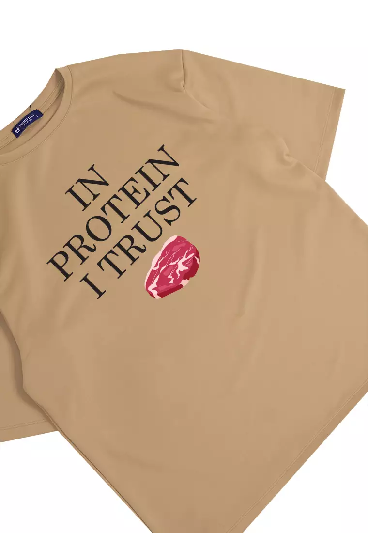 MTO95 kaos oversize gym t shirt bodybuilder bahan tebal scuba pria in protein i trust khaki