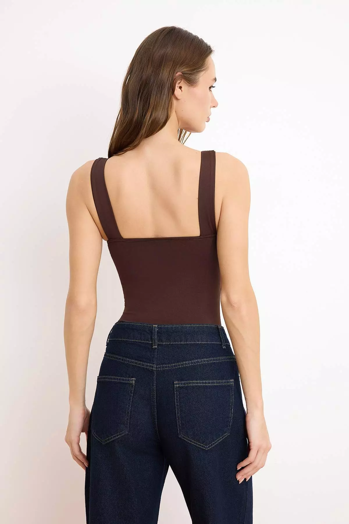 Dark Brown Fitted/Bodycon Back Detail Square Neck Snap Fastener Stretchy Knitted Bodysuit Twoss24Bd26
