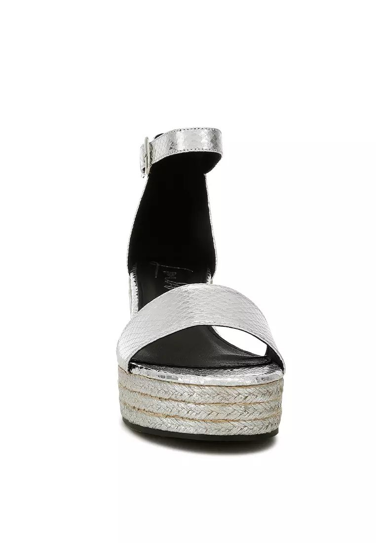 Silver Faux Leather Snake Wedge Espadrilles
