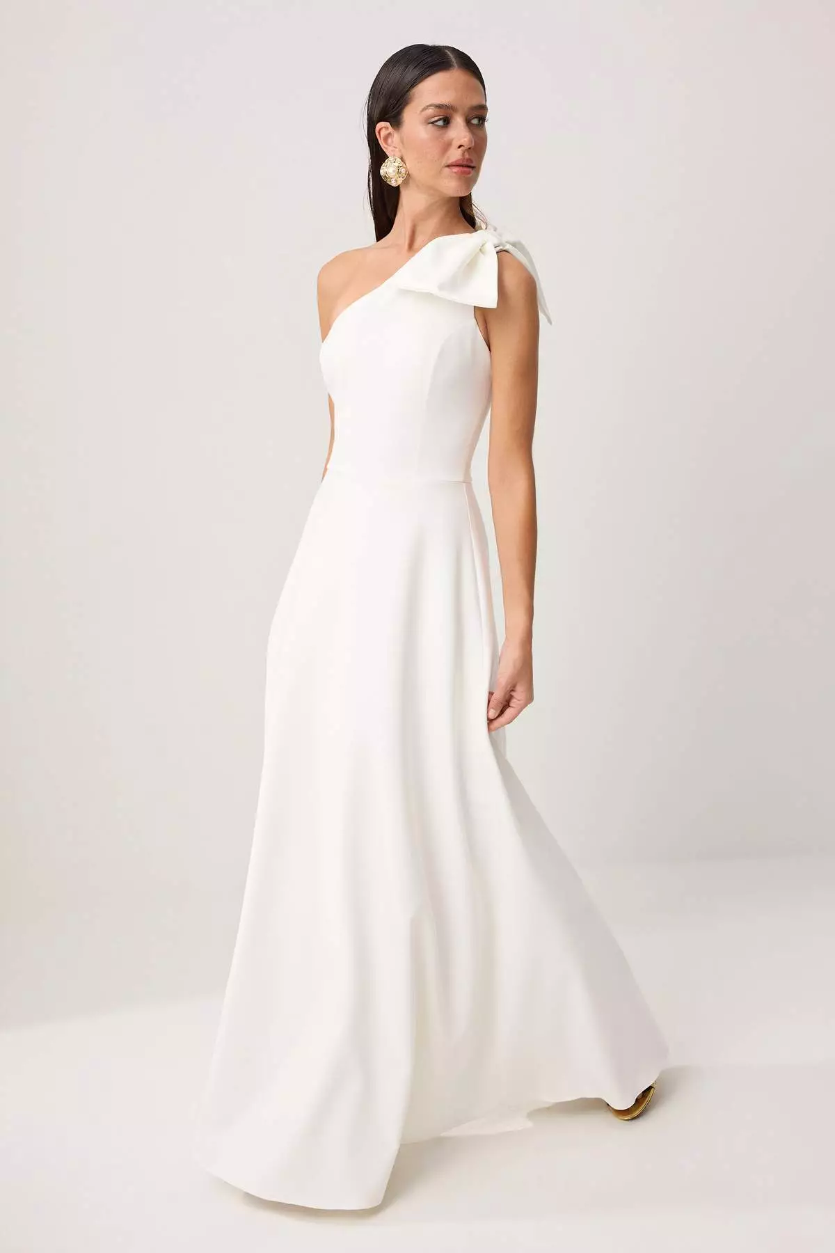 White Plain Bowknot Woven Finike Maxi Evening Dress & Graduation Dress