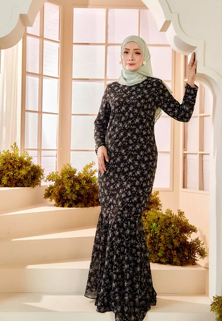 ARIEL Fabulous Black Floral Baju Kurung Moden Princess Kain Kembang Payung