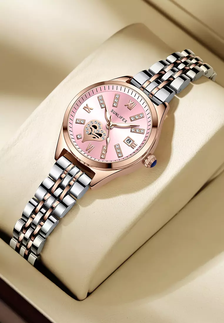 Jam Tangan Wanita 6000 Calendar Berlian Elegan Santai Jam Tangan Cewek rosepink