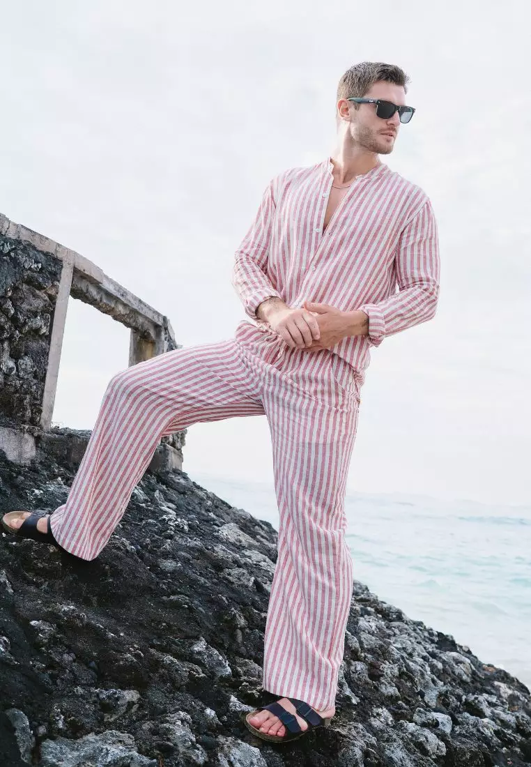 Splitz Kemeja Linen Lengan Panjang Pria Merah Stripe | Linen Long Sleeve Shirt Men Stripped Red