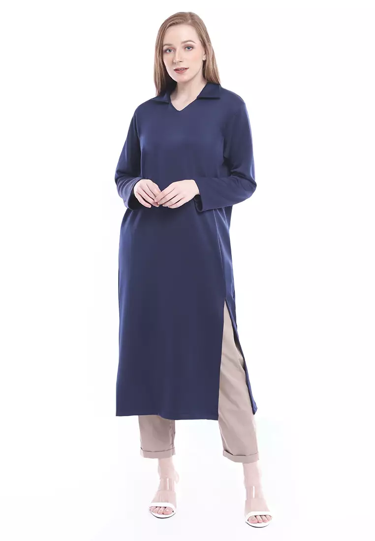 Ghea Tunik Aksen Slit Long Sleeves Basic Baju Wanita Relaxed Fit - Navy