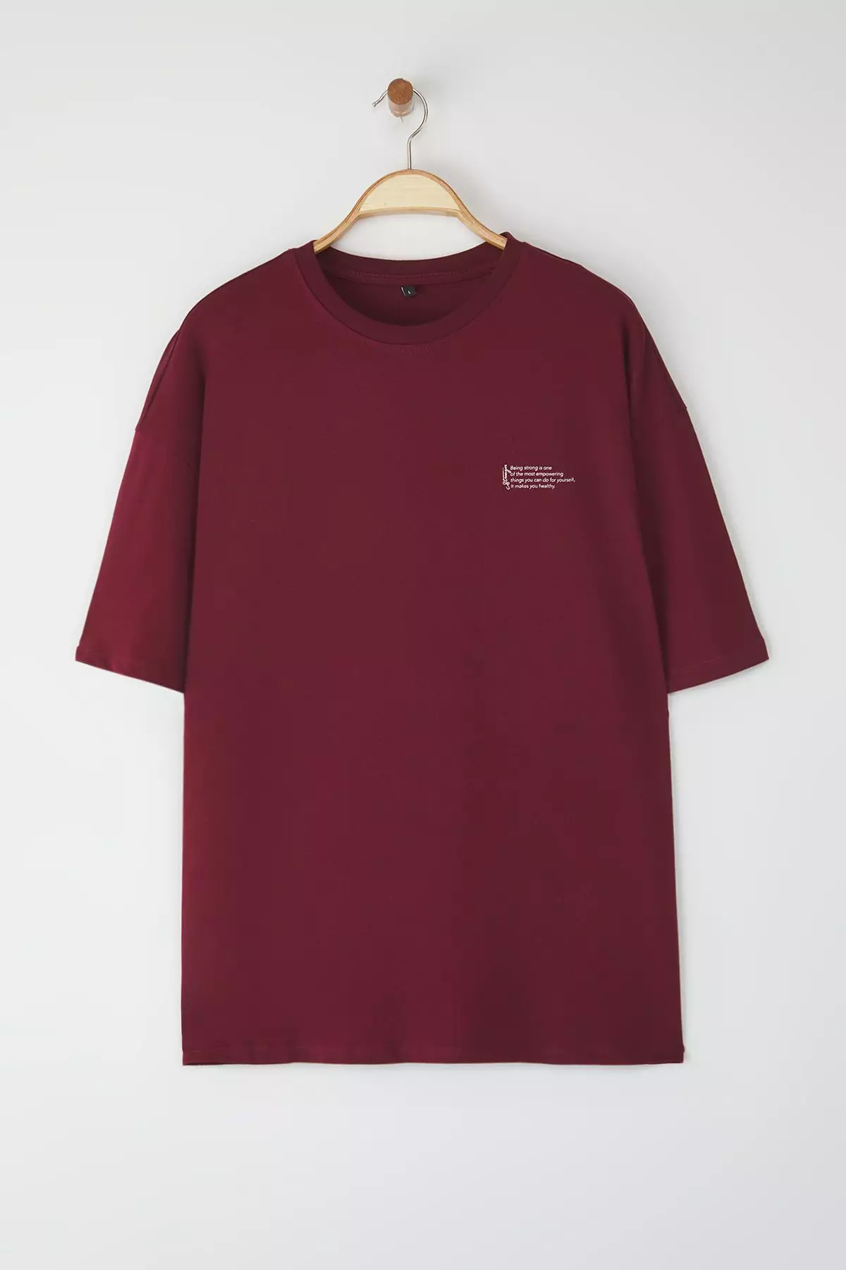 Claret Red Oversize 100% Cotton Crew Neck Minimal Text Printed T-shirt TMNSS23TS00084