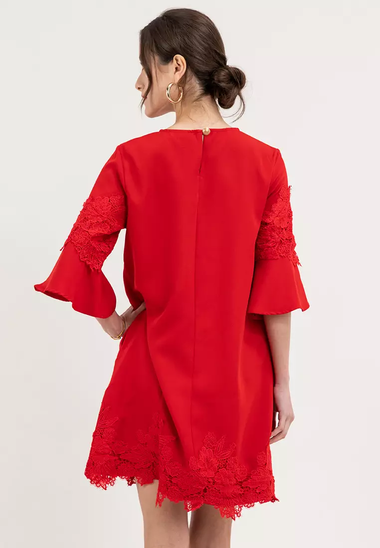 Caran Flounce Sleeves Dress with Lace