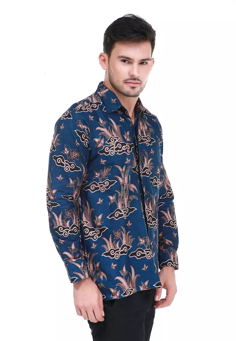 Dwan Kemeja Batik Pria Mega Mendung Atasan Formal Longsleeve Shirt Material Cotton ORIGINAL - Navy