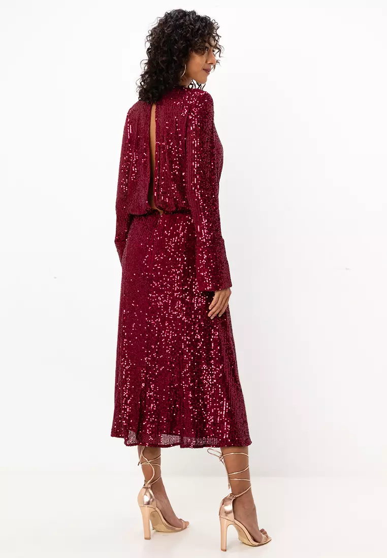 Embellished Drape Detail Midi Dress With Buttons