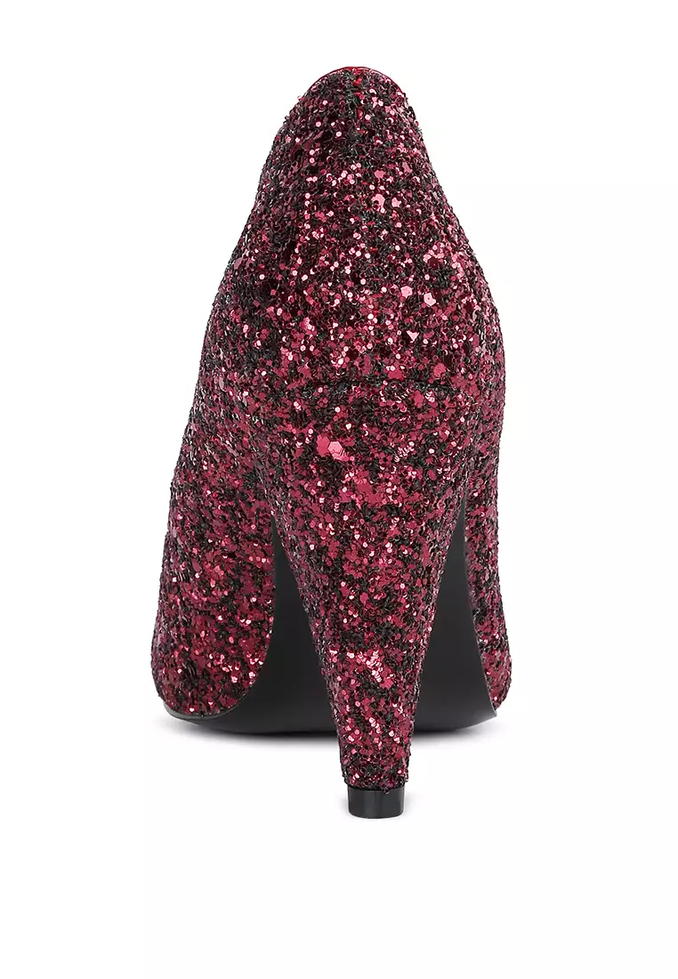 Burgundy Glitter Conical Heel Pumps