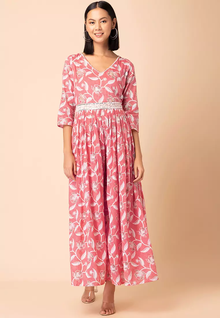 Peach Floral Print Embroidered Mulmul Jumpsuit