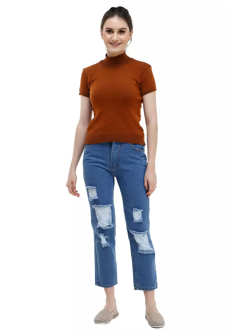 Earl Tshirt Lengan Pendek Turtleneck Design Simple Atasan Wanita - Bata