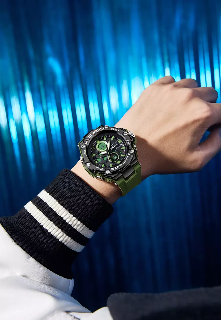 Jam Tangan Pria Original Digital&Analog Bercahaya Anti Air Alarm Tali Silikon Jam Tangan Cowok Olahraga green