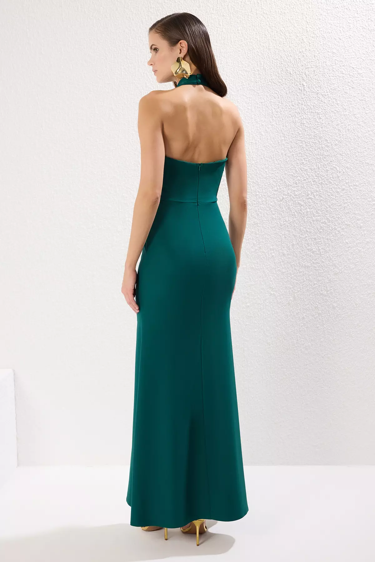 Emerald Green Fish Cut Woven Maxi Chic Evening Dress