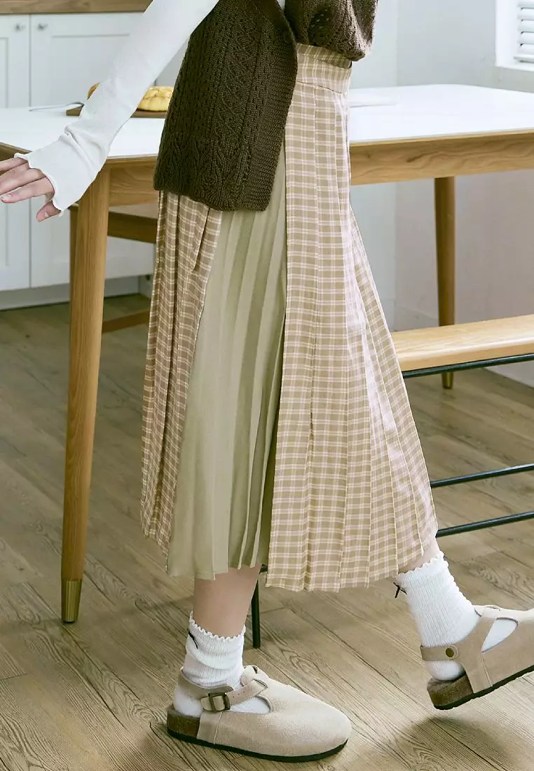 日系格紋收腰綁帶撞色拼接百褶裙《CA2702》