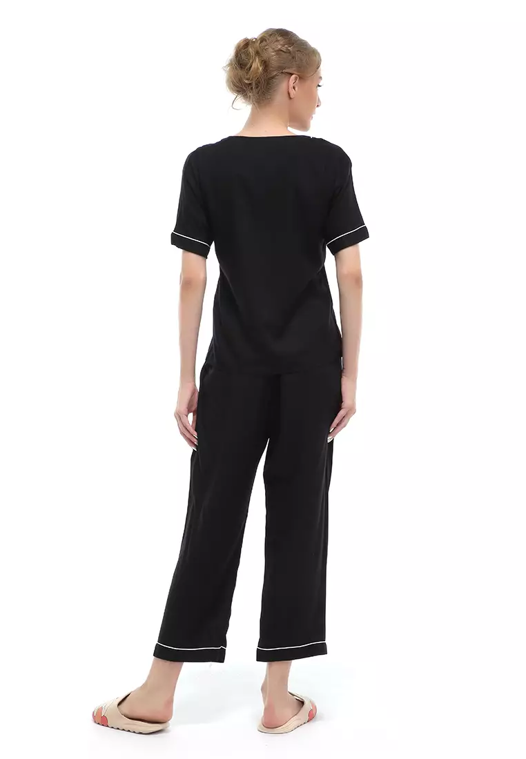 Vance Piyama Setelan Baju Tidur Wanita Lengan Pendek Material Rayon ORIGINAL - Black