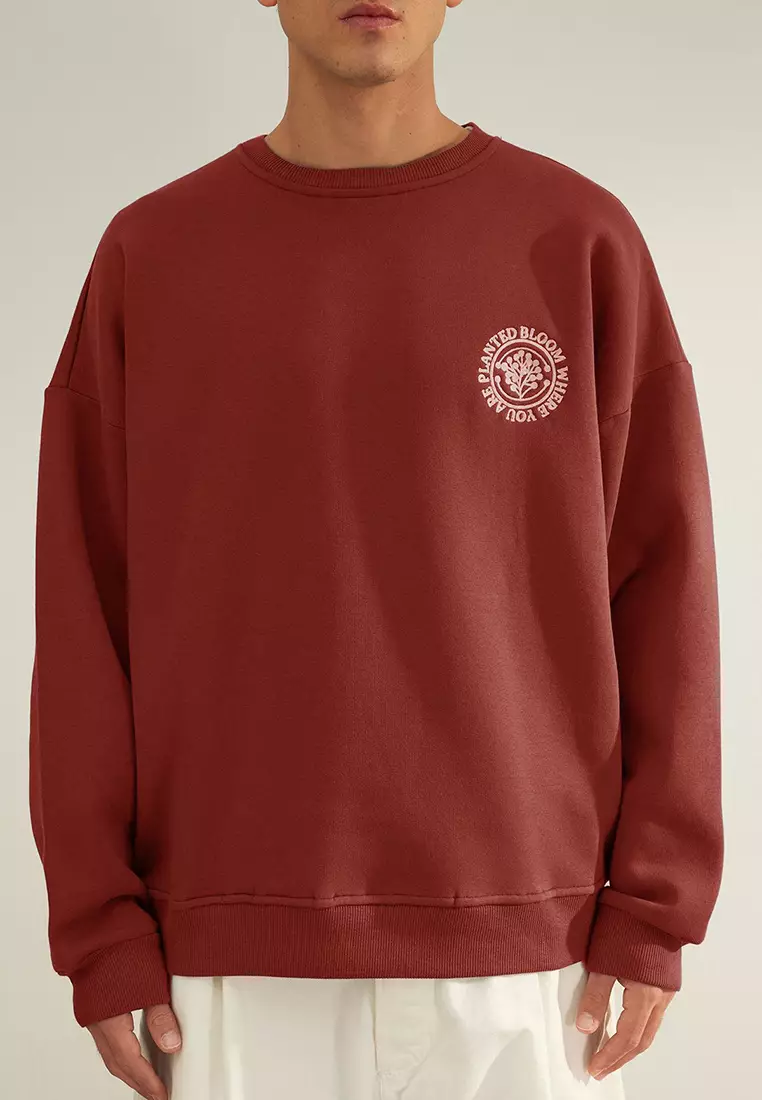 Brick Oversize/Wide Cut Floral Embroidered Polar Fleece Inside Cotton Sweatshirt TMNAW24SW00012