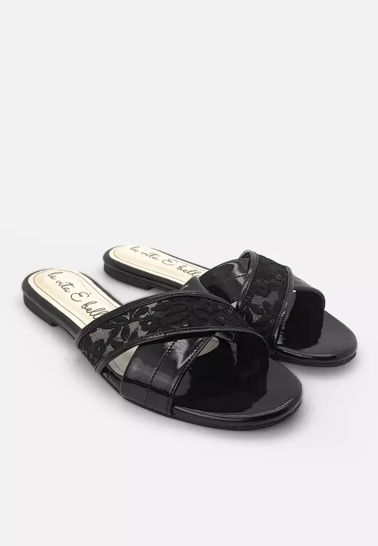 Floral Cross Sandal Flat Wanita