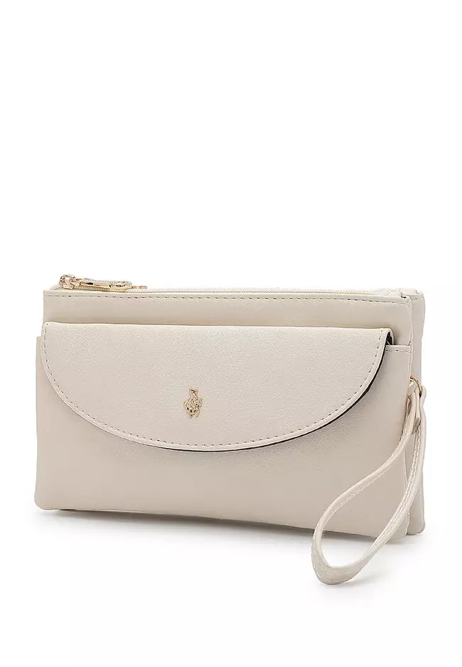 Faux Leather Sling Bag / Crossbody Bag / Wristlet - Beige