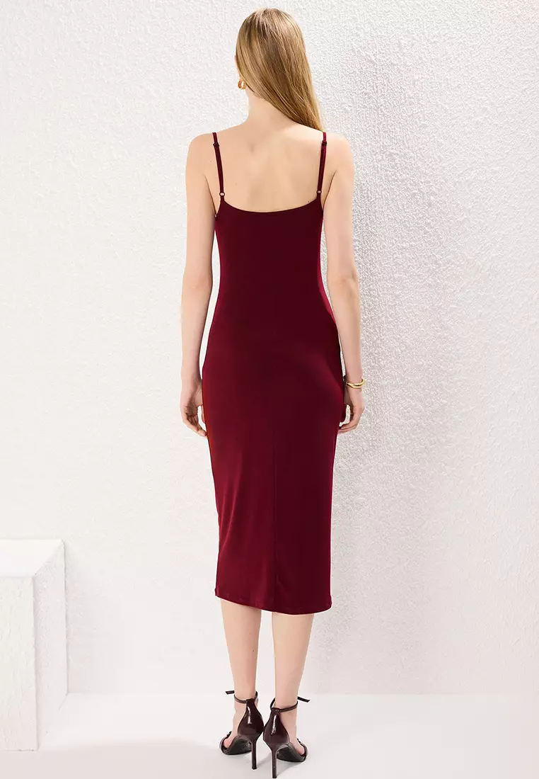 Claret Red Body-Styling Cowl Neck Midi Flexible Knitted Pencil Dress TWOSS19AD0020