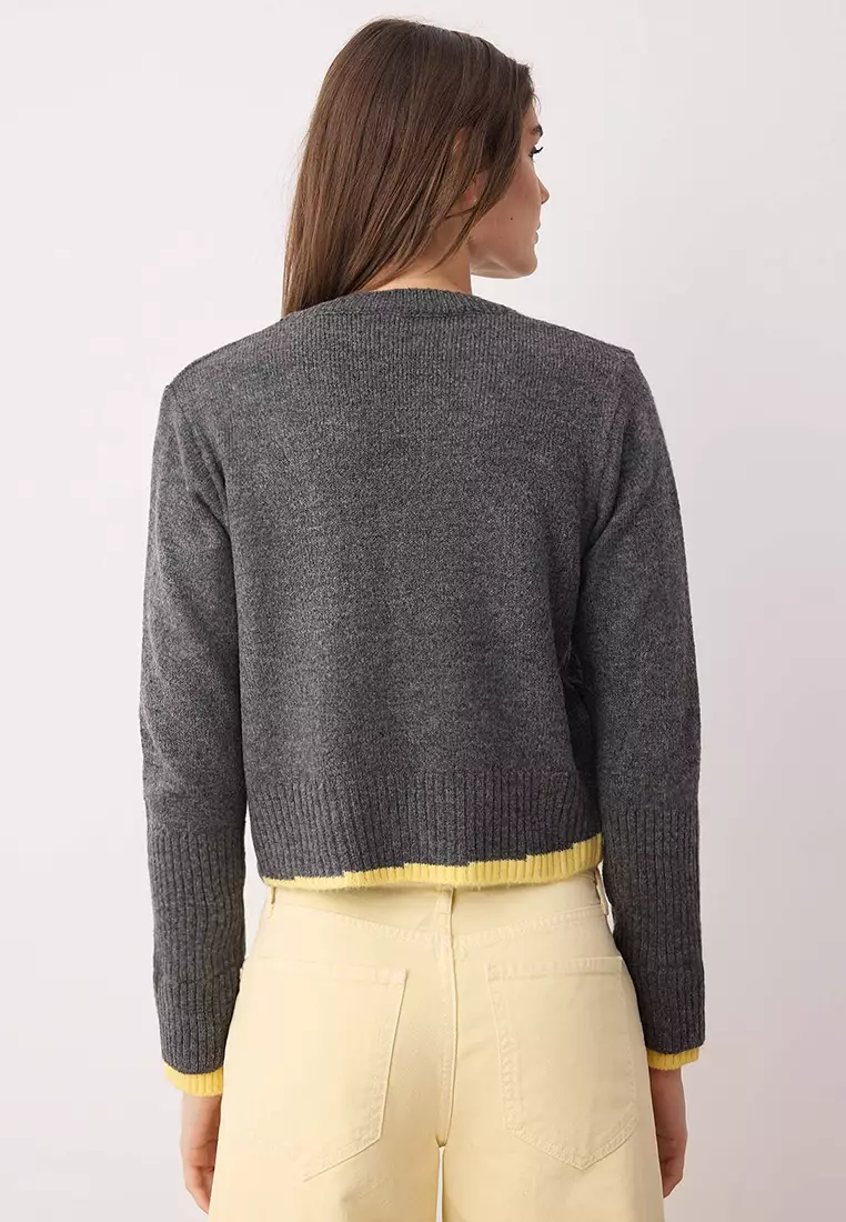Gray Crop Block V Neck Soft Textured Knitwear Cardigan