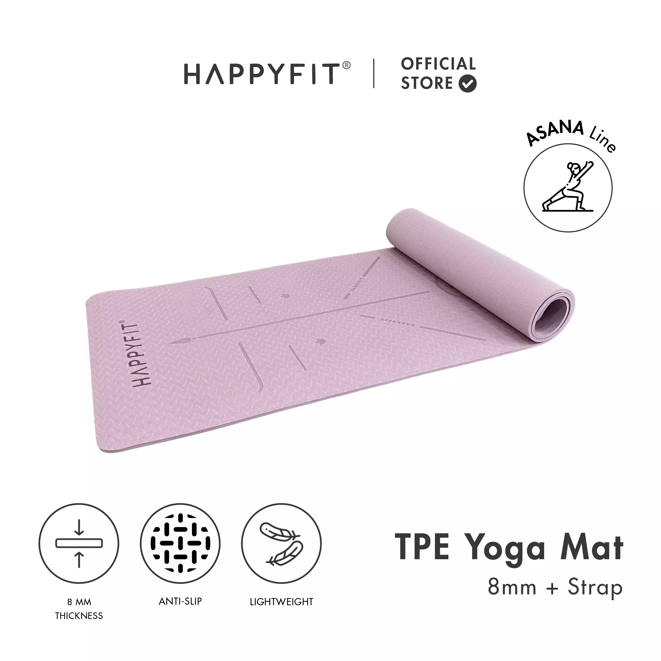 HAPPYFIT - Yoga Mat Asana TPE 8mm Eco Friendly (FREE STRAP) - Dusty Purple