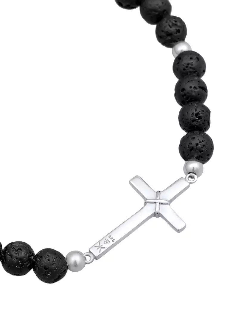 EXCLUSIVE Gelang Perhiasan Perak 925 Pria Cross Pendant with Lava Beads Black