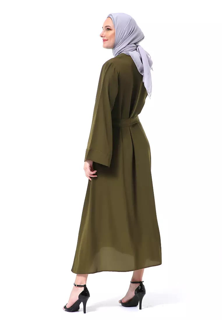 Khalisa Aiza Long Abaya Gamis Self Tie Belt Premium High Quality - Army