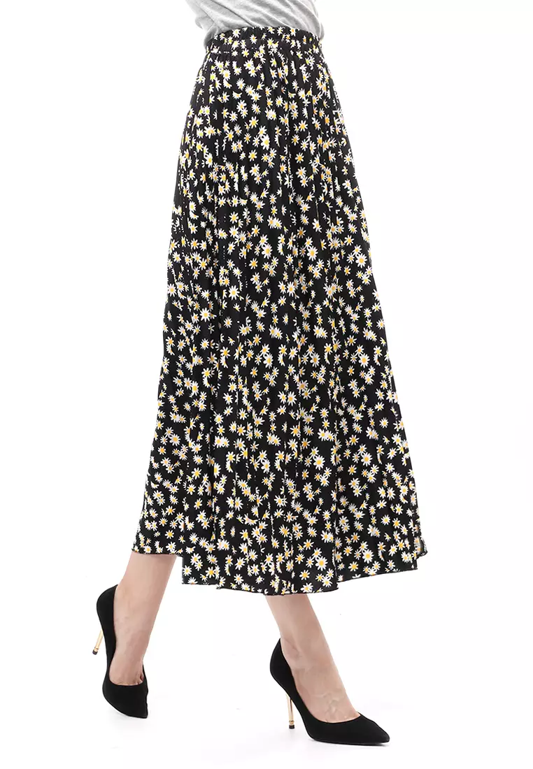 Rok Plisket Motif Print Design Vintage Rubbery Waist Bawahan Wanita - Daisy Kecil Hitam