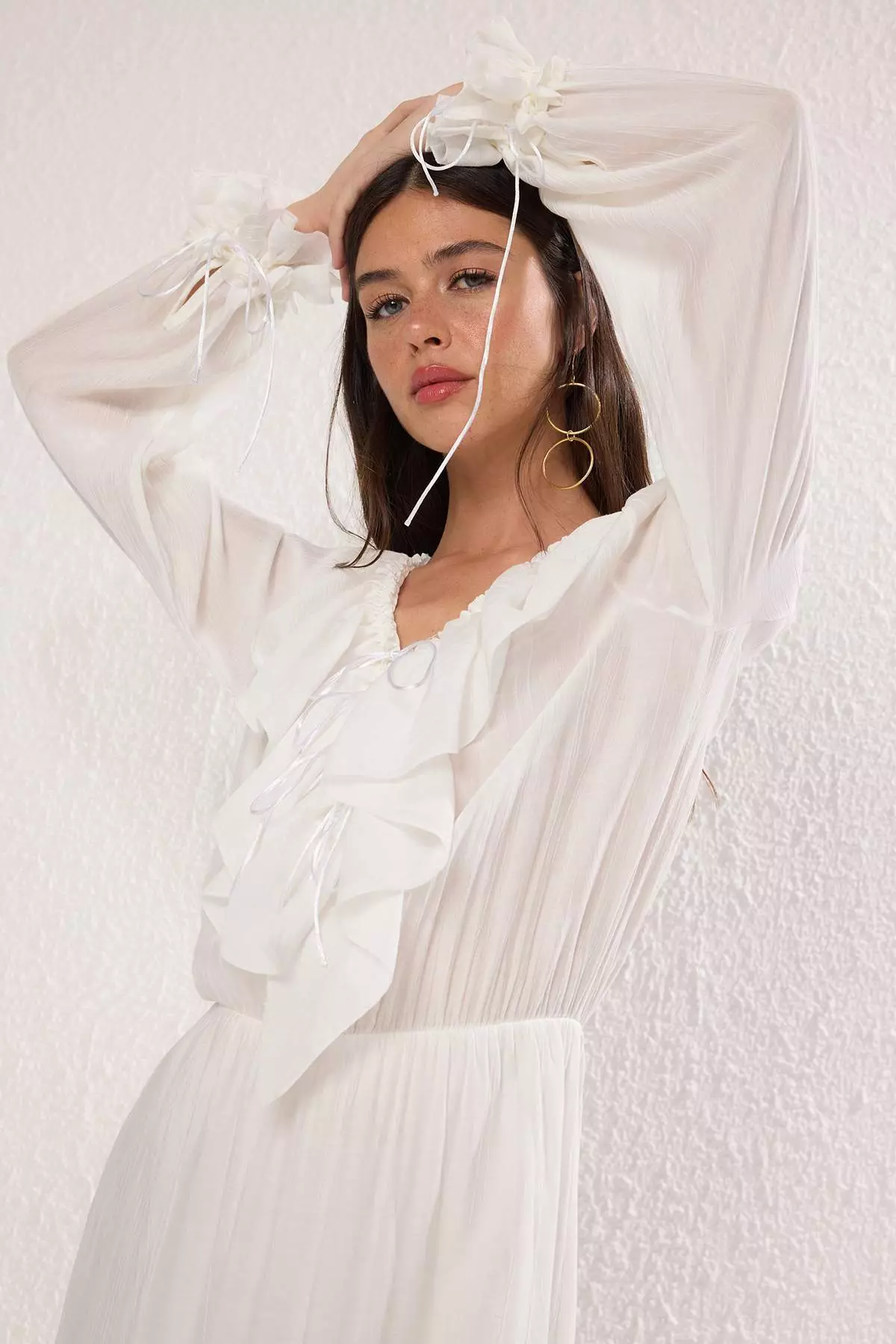 Ecru Plain Elastic Waist Ruffle Maxi Dress