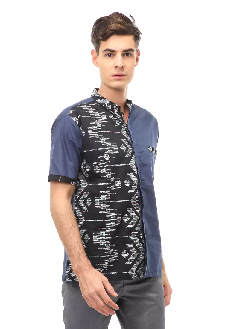Dwan Atasan Formal Pria Kemeja Koko Batik Lengan Pendek Material Cotton ORIGINAL - Navy