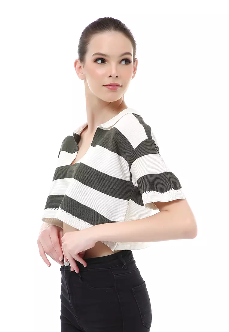 Albertine Atasan Crop Wanita Lengan Pendek Motif Salur Material Rajut ORIGINAL - Army Green