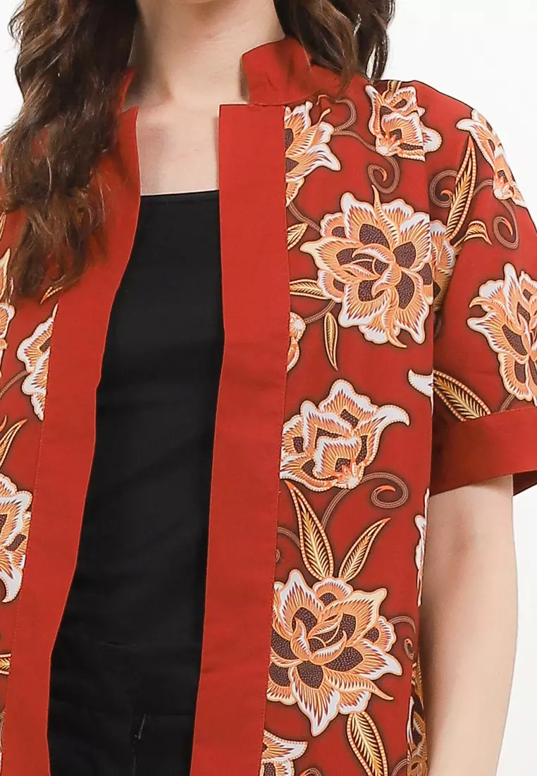 Atasan Outer Vest Cardigan Wanita Lunar Cheongsam Imlek Muslim Amber Merah Lengan Pendek