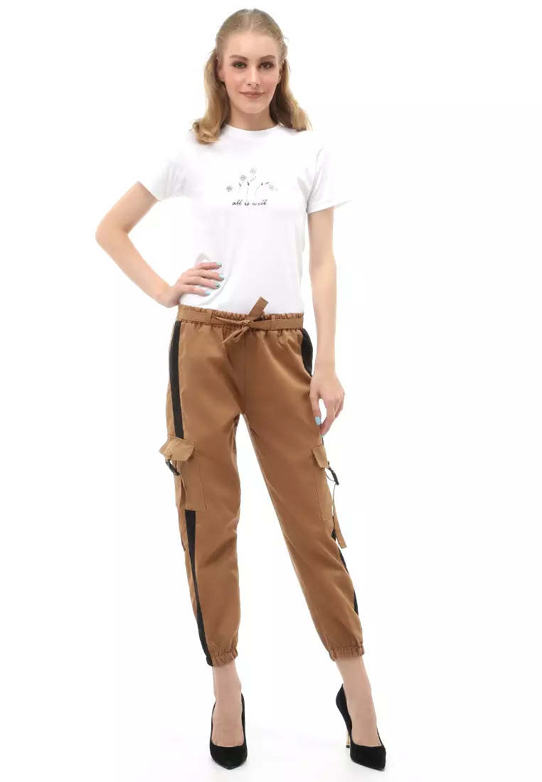 Jourel Celana Panjang Kasual Wanita Jogger Cargo Pants Plered Line Material Cotton ORIGINAL - Mocca Black