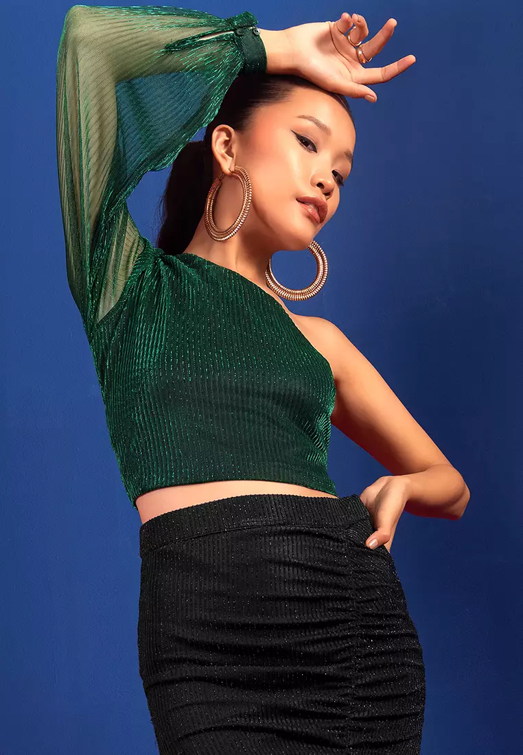 FabAlley Green Pleated One Shoulder Crop Top