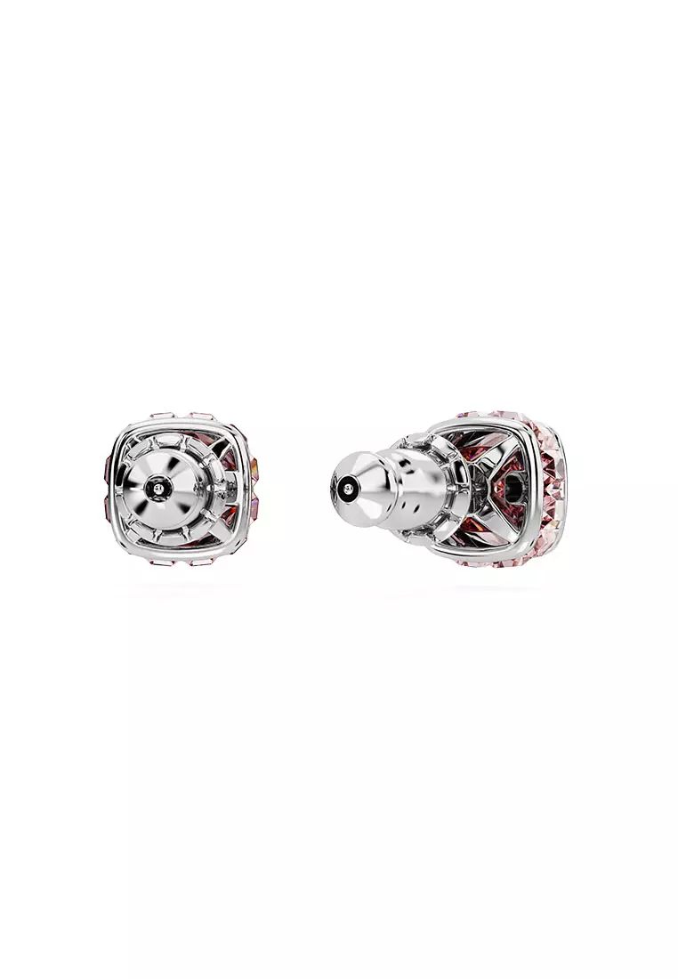 Birthstone Stud earrings, Square Cut, June, Pink, Rhodium Plated