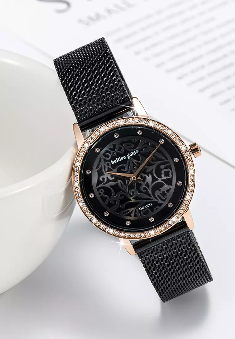 Elite Watch Embellished with Rhinestone - Rose Gold and Black