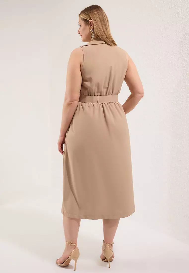 Beige Belted Summer Woven Plus Size Dress Tbbss25Ah00198
