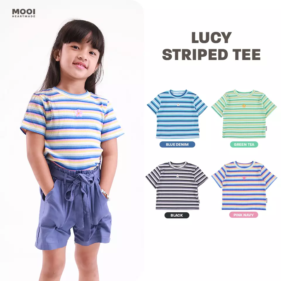 Mooi Atasan Anak Perempuan Lucy Rib Striped Tee - Green Tea