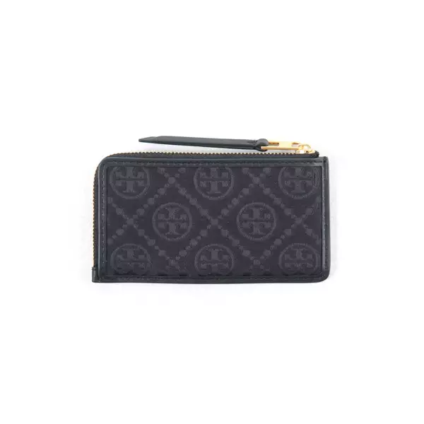 Dompet TORY BURCH MONOGRAM JACQUARD ALL BLACK ZIP CARD WALLET 100% ORIGINAL