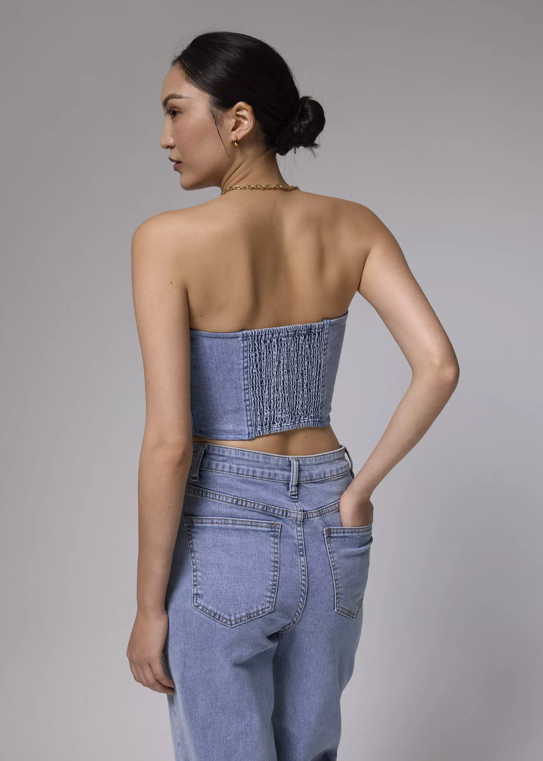 Atasan Wanita - Denim Fitted Crop Tube Top