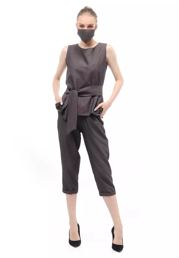 Lamont Set Formal Celana 7/8 Atasan Bawahan Wanita Sleeves Detail Belt Free Mask Casual - Brown