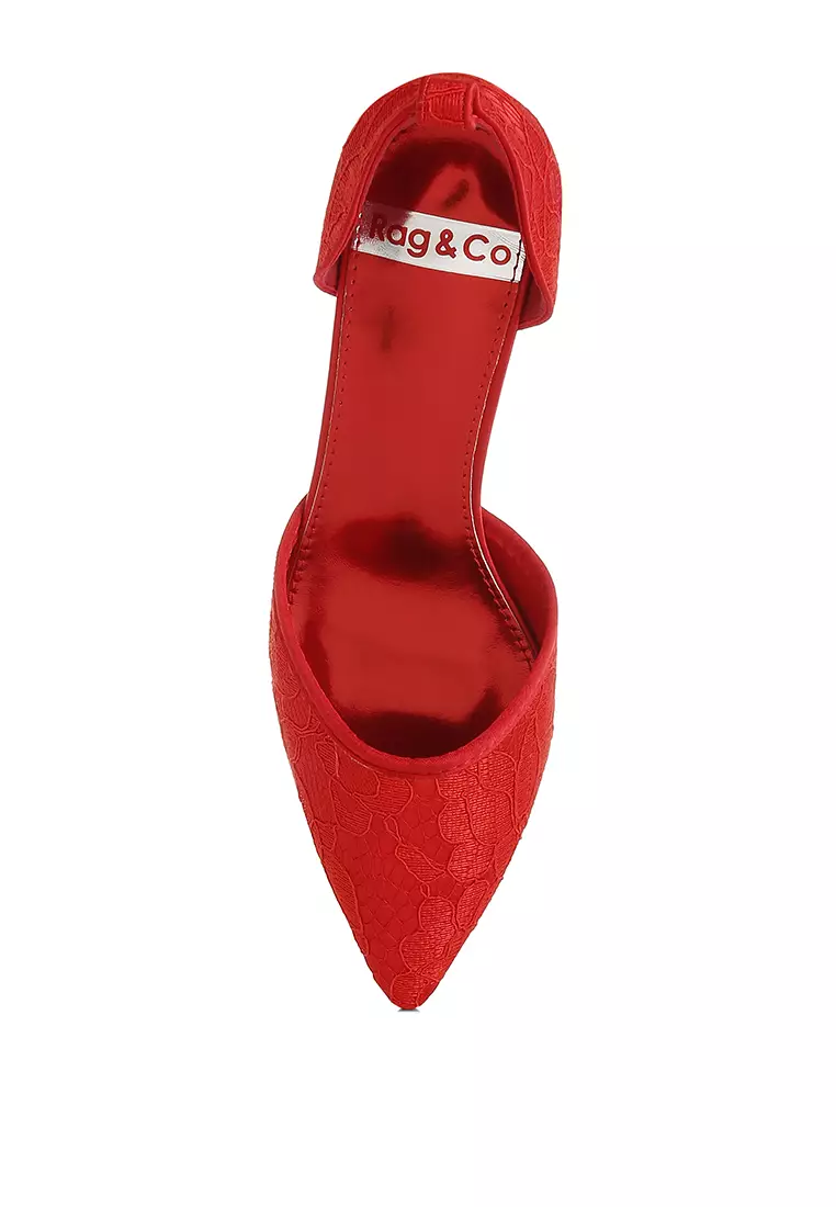 Sandal hak anak kucing berenda warna merah