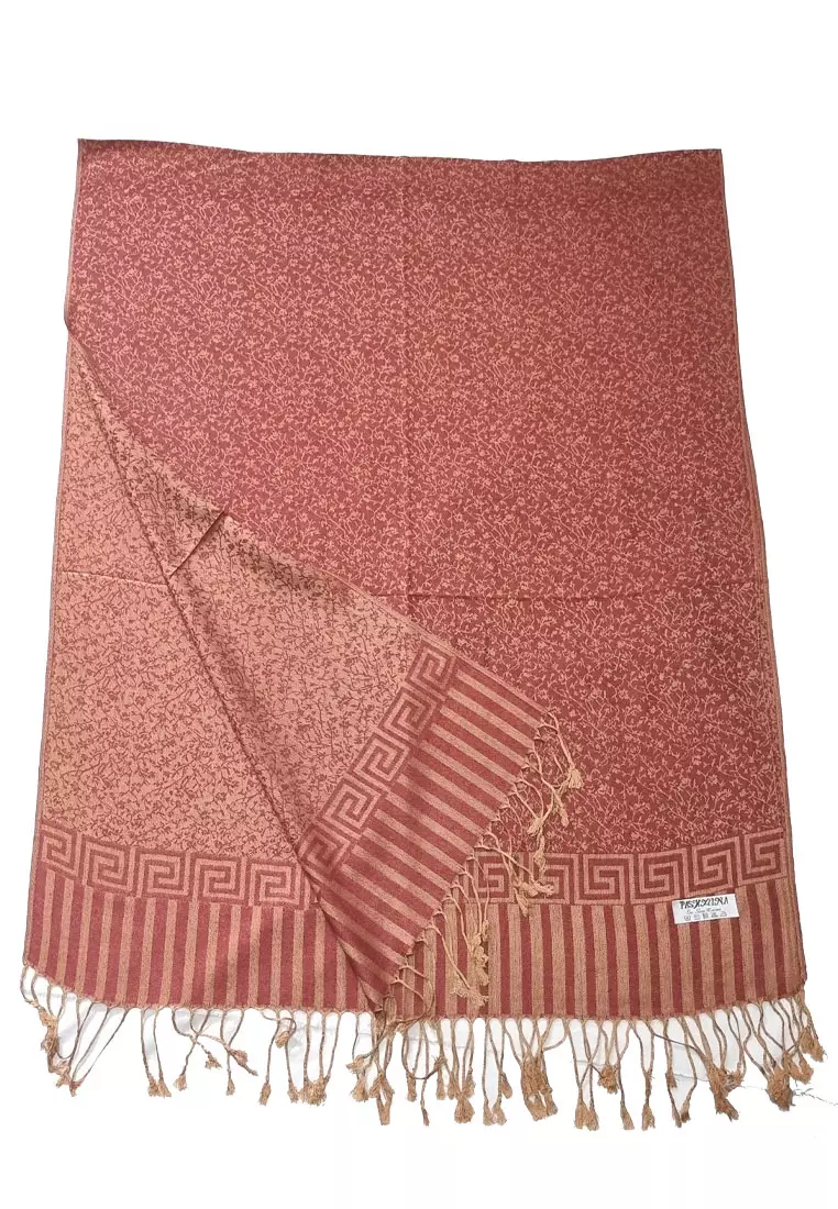 Reversible Viscose Floral Pattern Pashmina Shawl Syal Wanita Saffron Red