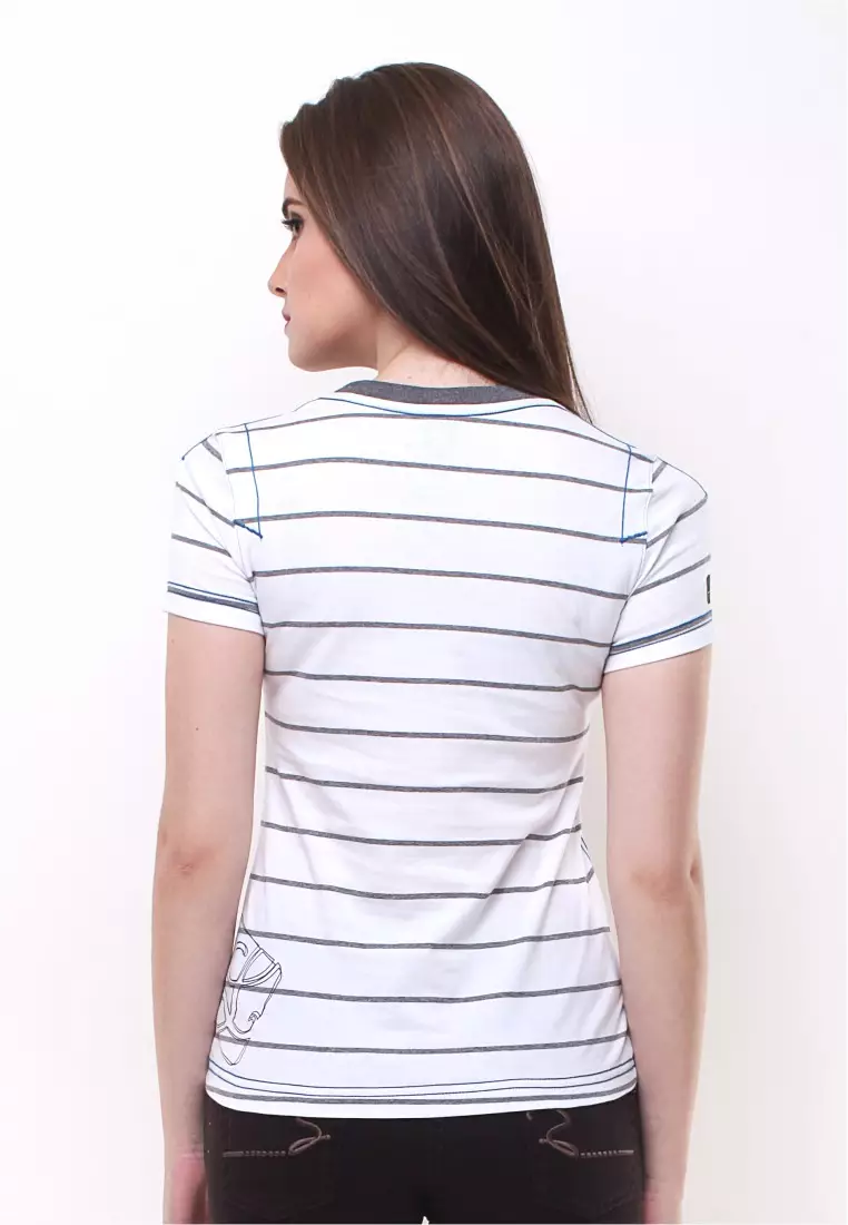 LGS - Slim Fit - Kaos Wanita - Motif Garis - Logo LGS - Putih