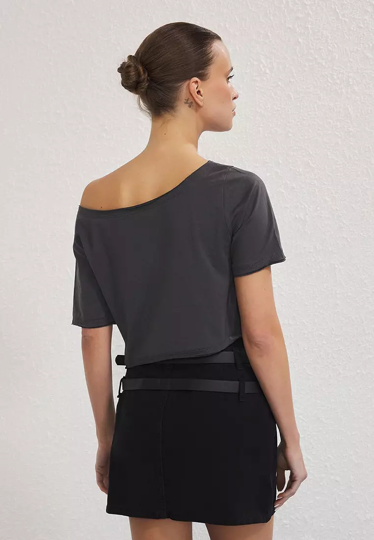 Anthracite-Burgundy 2'S Package 100% Cotton Asymmetrical Boat Neck Crop Knit T-Shirt Twoss25Ts00194