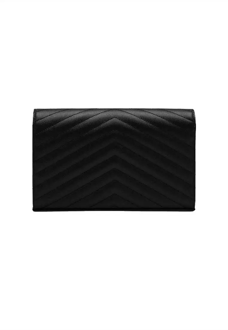 YSL Matelasse Chain Wallet In Grain De Poudre Embossed Leather Black/Silver 377828BOW02