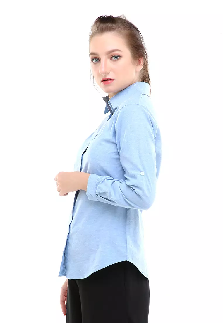 Jeanly Kemeja Lengan Panjang Motif Solid Atasan Wanita Regular Fit - Denim