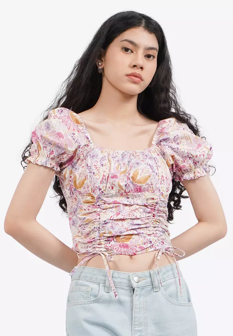 Ruched Printed Puff Sleeves Top