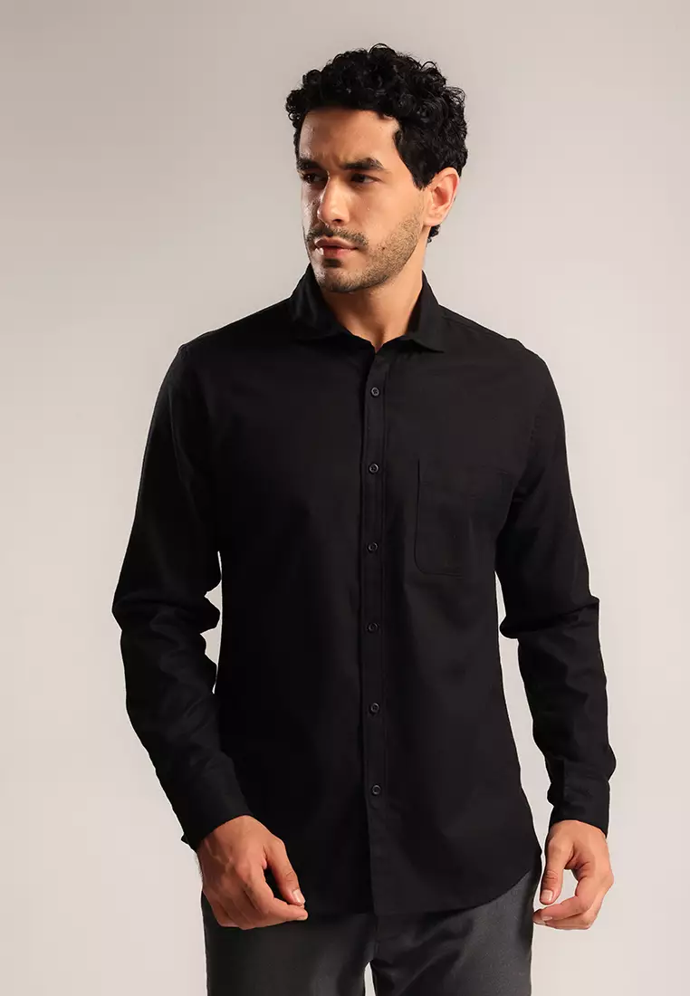 MOC - Kemeja Polos Pria Lengan Panjang Renton - Black Warna Black